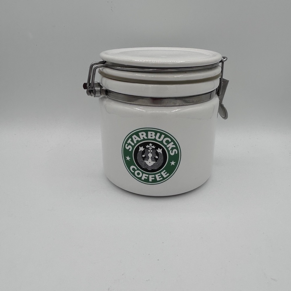 Starbucks White Ceramic Coffee Jar Airtight Locking Lid, 5.5" x 5" Logo Siren